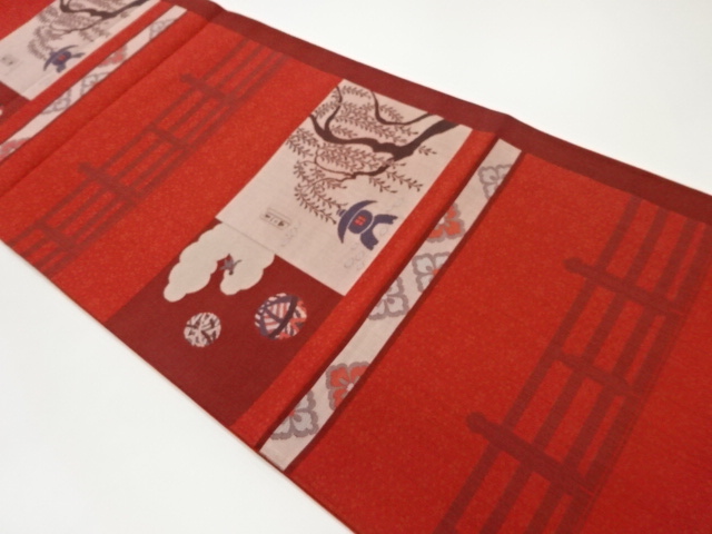 柳に石灯篭・毬・花菱模様織出し袋帯